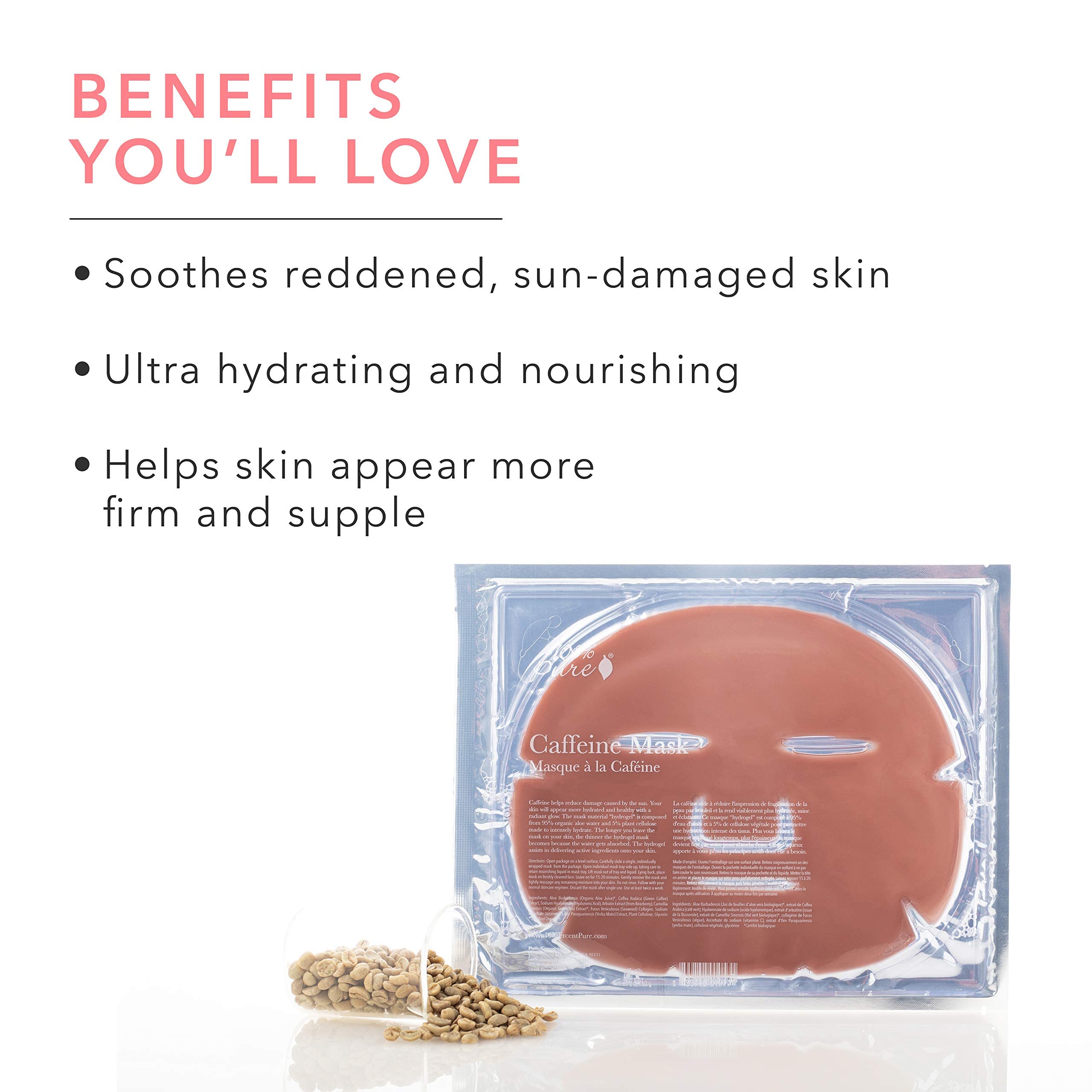 100% PURE Caffeine Face Mask (1 PC), Soothing Face Mask with Hyaluronic Acid, Hydrating Skin Care, Soothes Skin, Sustainably Made - Single Mask - Image 3