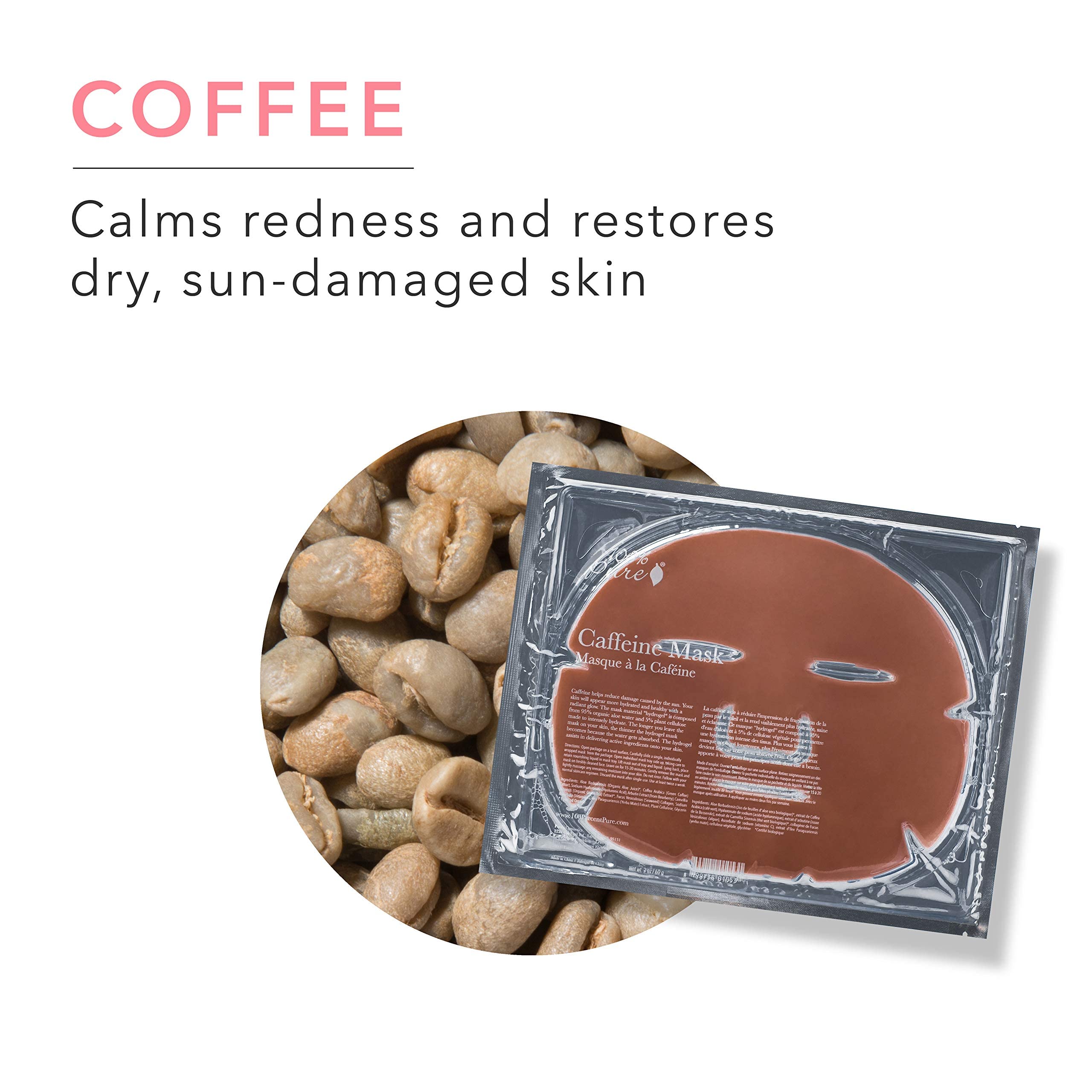 100% PURE Caffeine Face Mask (1 PC), Soothing Face Mask with Hyaluronic Acid, Hydrating Skin Care, Soothes Skin, Sustainably Made - Single Mask - Image 4