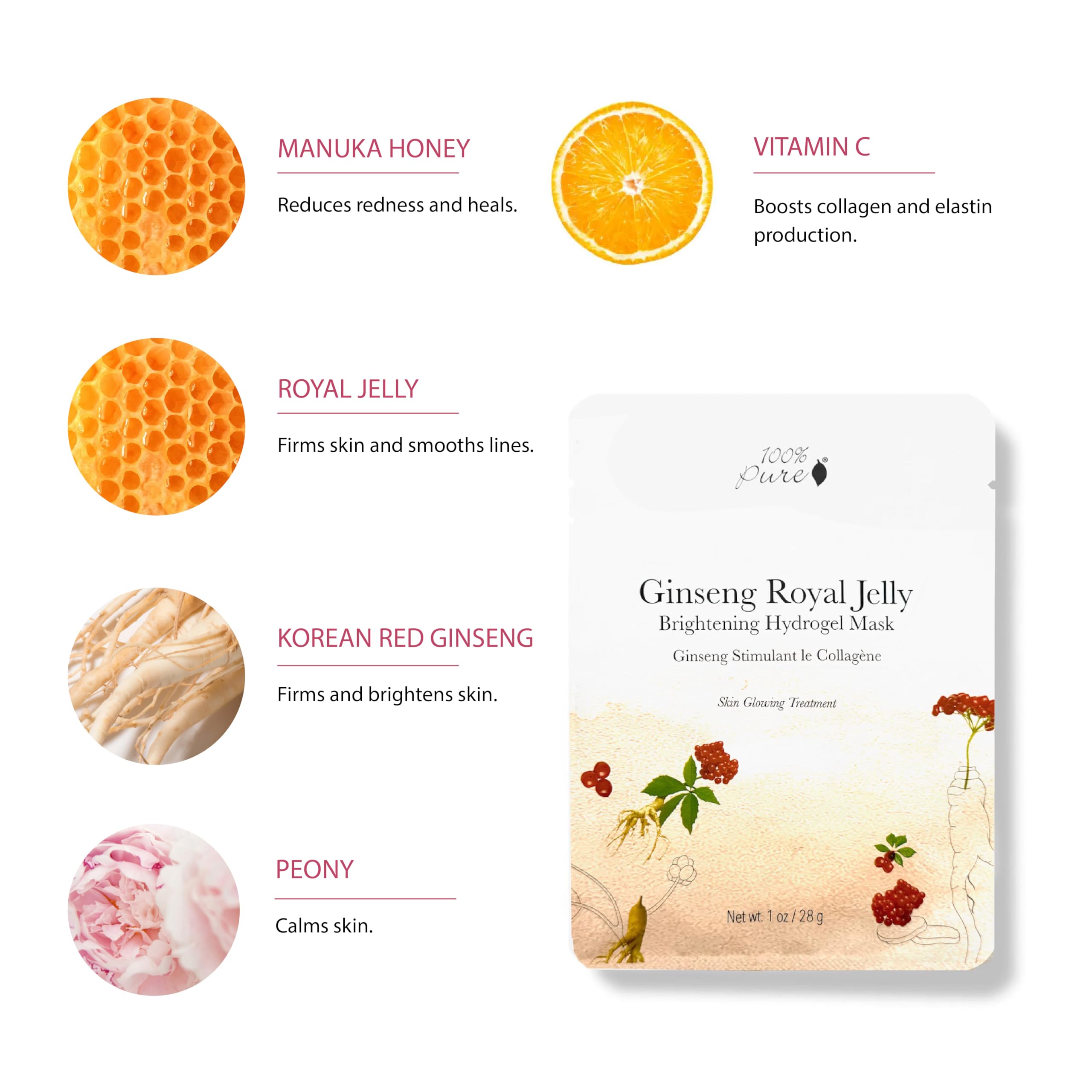 100% PURE Ginseng Royal Jelly Face Mask - Anti-Aging Face Mask for Women & Men with Vitamin C & Hyaluronic Acid - Collagen Skincare for Firm, Smooth Skin, Anti-Wrinkle Self Care - 1 Facemask - Image 3
