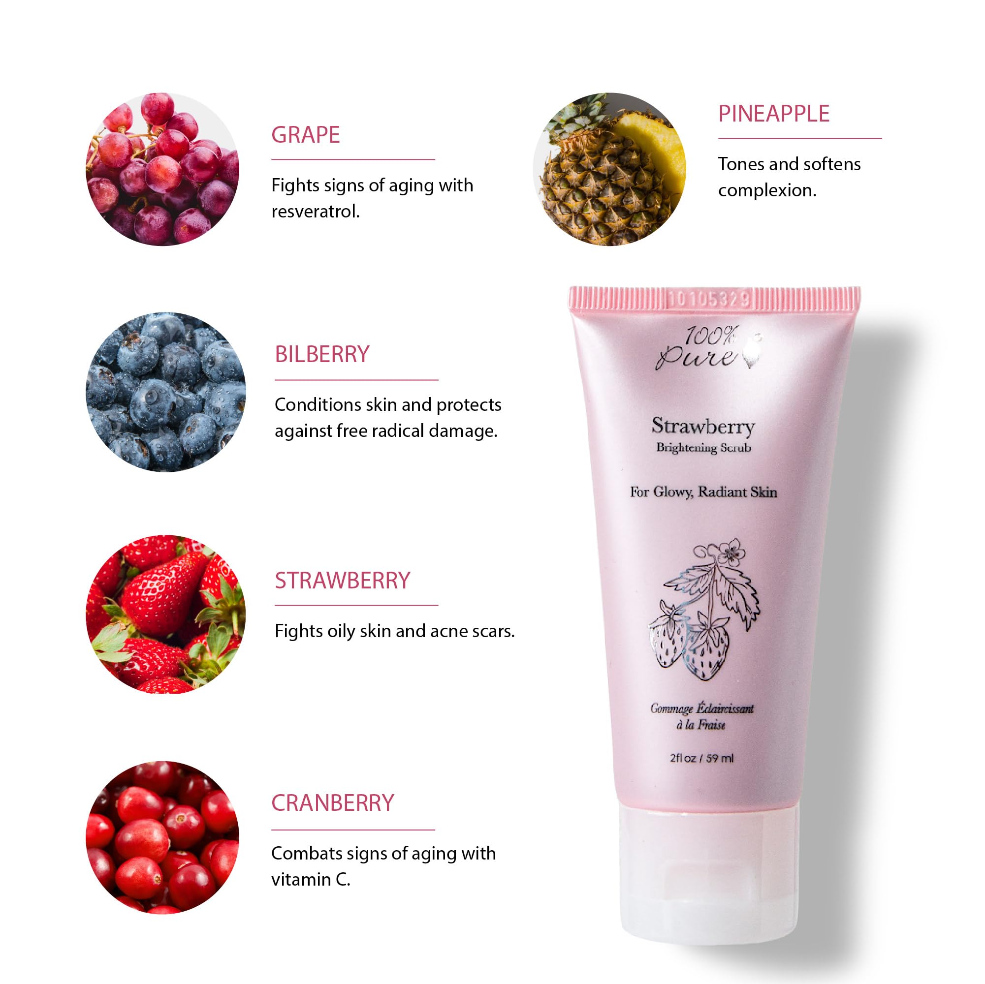 100% PURE Strawberry Brightening Facial Scrub Antioxidant-Rich for Radiant, Smooth Skin - Papaya & Pineapple Enzymes Natural Glow Exfoliator - Gentle Exfoliating Face Wash for Women & Men - 2 Fl oz - Image 3