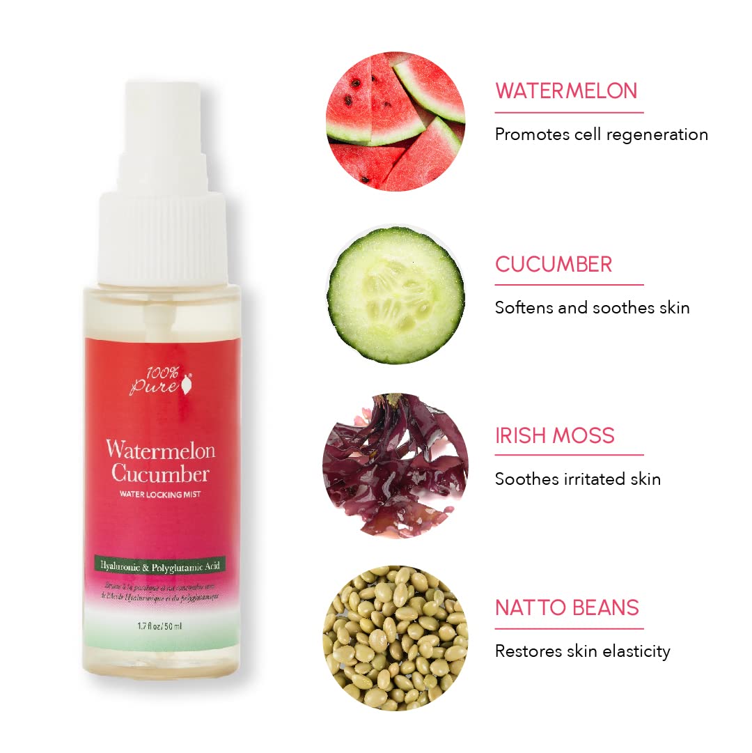 100% PURE Watermelon Cucumber Water Locking Mist for Face Hydrating Skincare - Hyaluronic Acid & Niacinamide Replenishing Plumped Up Glow - Vegan Skin Moisturizer - 1.7 fl oz - Image 3