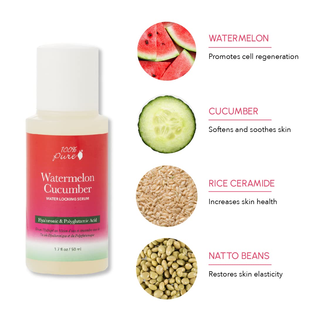 100% PURE Watermelon Cucumber Water Locking Moisturizing Serum for Face with Hyaluronic Acid to Replenish Hydrate & Plump Dry Thirsty Skin, Vegan - 1.7 fl oz - Image 6
